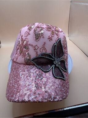 Embellished Pink Sequin Floral Baseball Cap